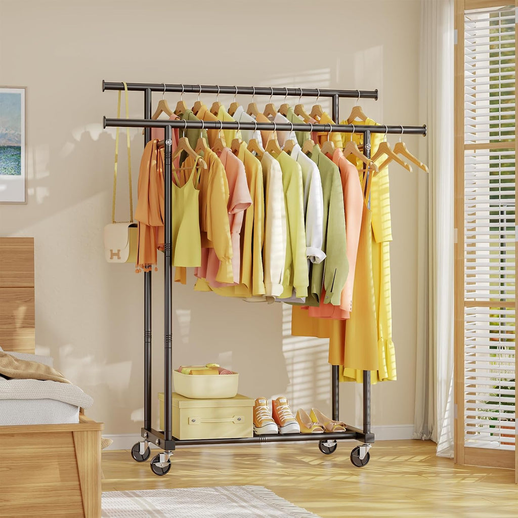 Double Rods Rolling Clothes Rack, Sturdy Metal Garment Rack Portable Wardrobe for Bedroom Laundry Room