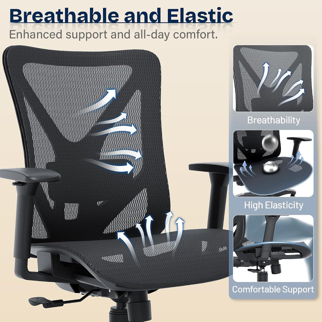Ergonomic Office Chair, Mesh Computer Desk Chairs with BIFMA X5.1 Certified, Adjustable Lumbar Support, 3D Arm, Tilt Back, Wide Seat, Comfy Swivel Work Task Chair for Company and Home (Obsidian Black)