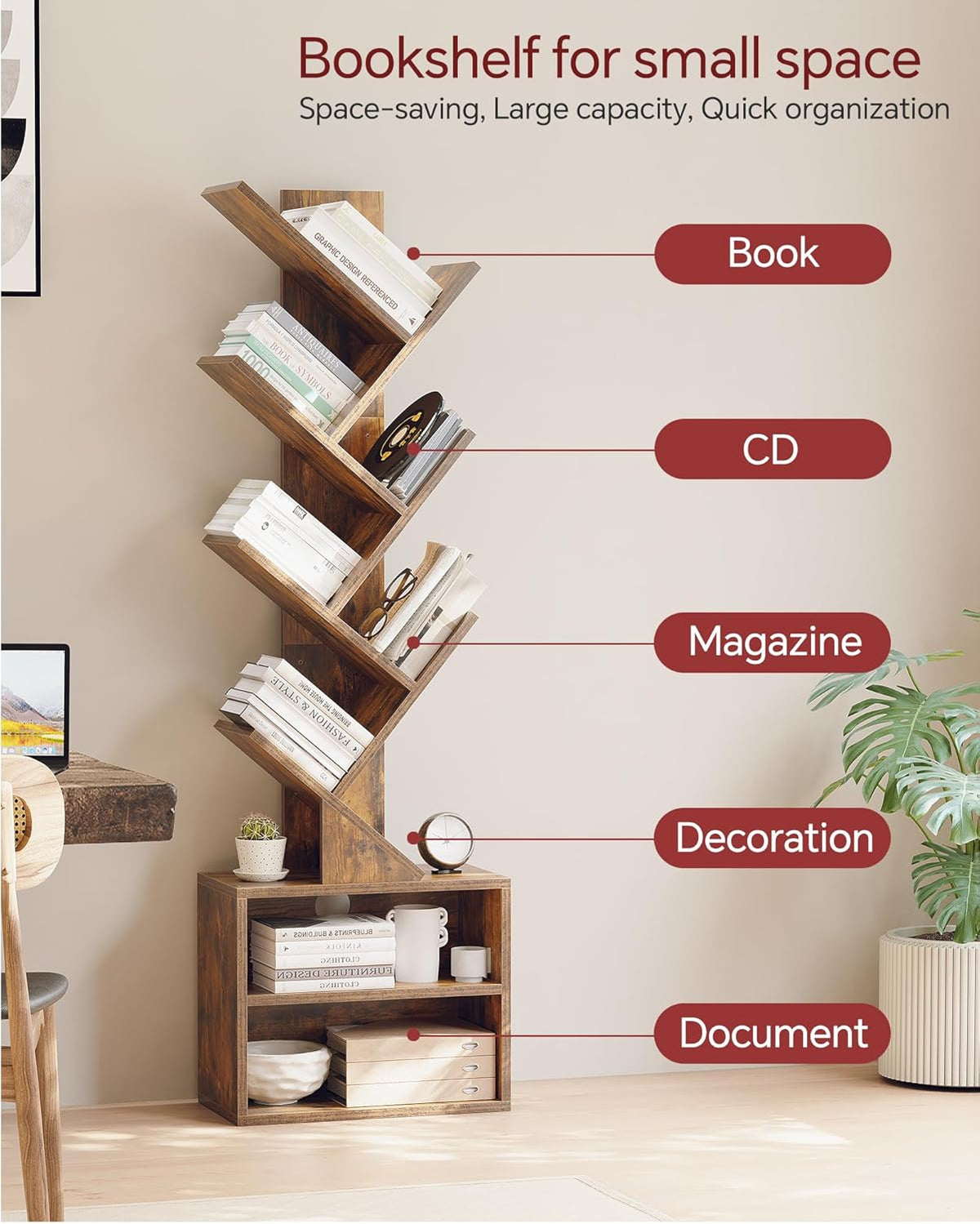 Premium 6-Tier Tree Bookcase, Minimalist Tall Storage Bookshelf with Cabinet
