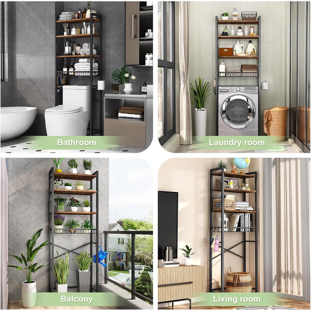 4-Tier Adjustable Bathroom Storage Shelf, Freestanding Over Toilet Space Saver with Basket