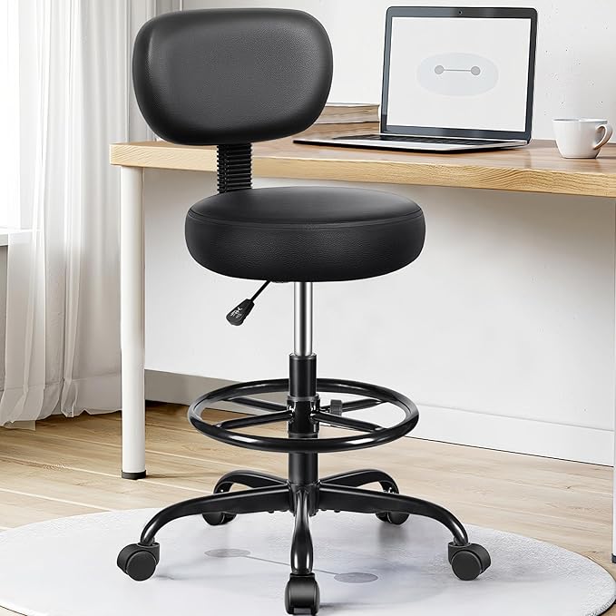 Drafting Chair with Backrest – Adjustable Foot Rest Rolling Stool with Wheels