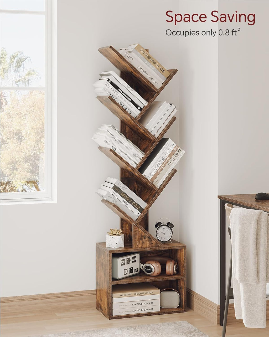 Premium 6-Tier Tree Bookcase, Minimalist Tall Storage Bookshelf with Cabinet
