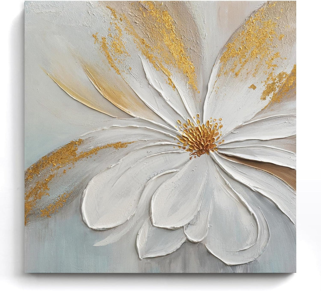 Modern Abstract Floral Canvas Wall Art, Flower Oil Painting with Gold Leaf