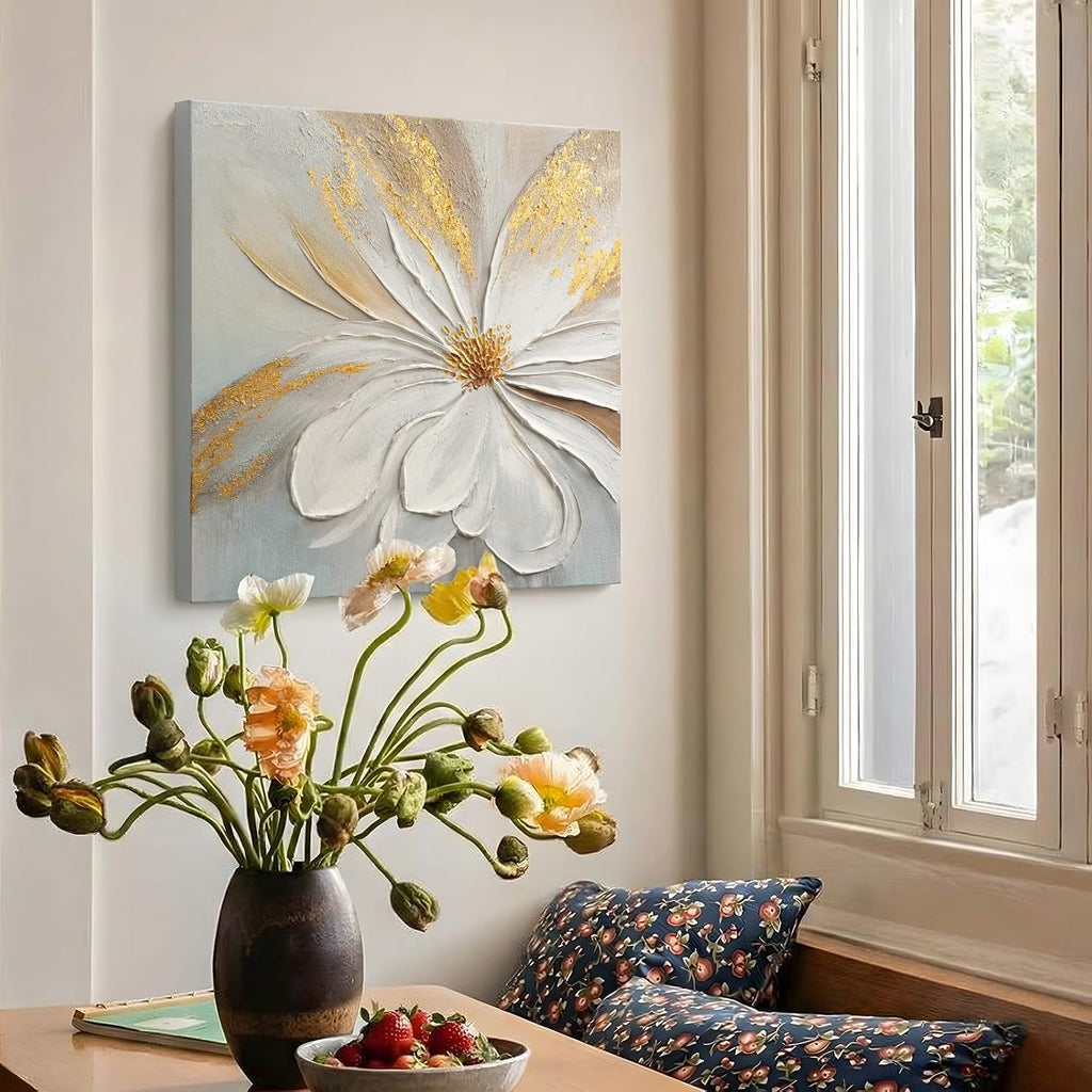 Modern Abstract Floral Canvas Wall Art, Flower Oil Painting with Gold Leaf