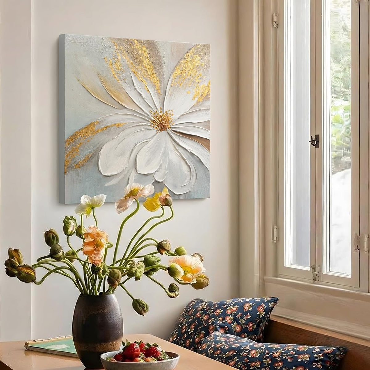 Modern Abstract Floral Canvas Wall Art, Flower Oil Painting with Gold Leaf