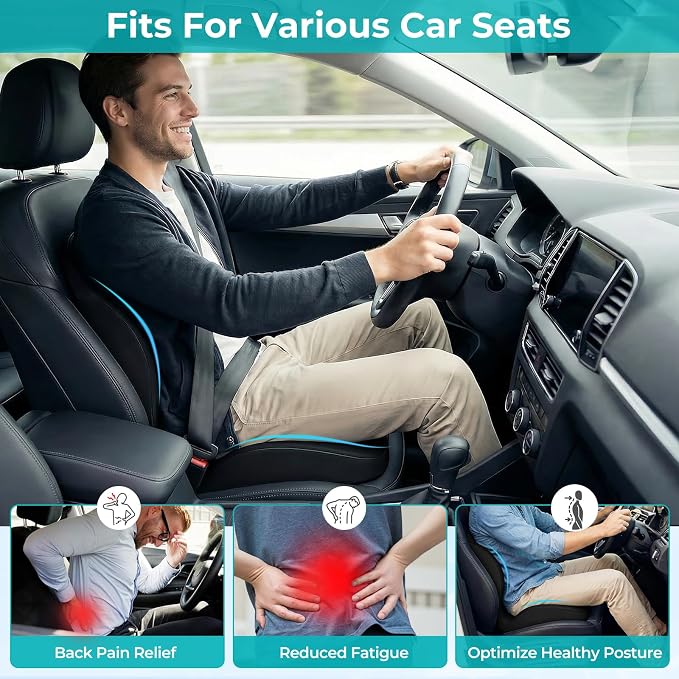 Memory Foam Car Seat & Lumbar Support Cushion, Non-Slip Pad for Long Drive & Daily Use