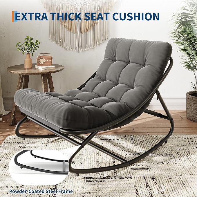 Papasan Rocking Chair, Adjustable Metal Frame Outdoor Rocker with Waterproof Cushion, 450lbs, Dark Gray