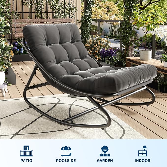 Papasan Rocking Chair, Adjustable Metal Frame Outdoor Rocker with Waterproof Cushion, 450lbs, Dark Gray